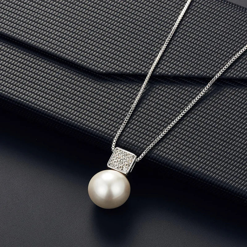 2 PCS Imitation Pearl Pendant Women Necklace Earring Stud Set Silver Color Snake Chain Square Metal Full Crystal Jewelry Set
