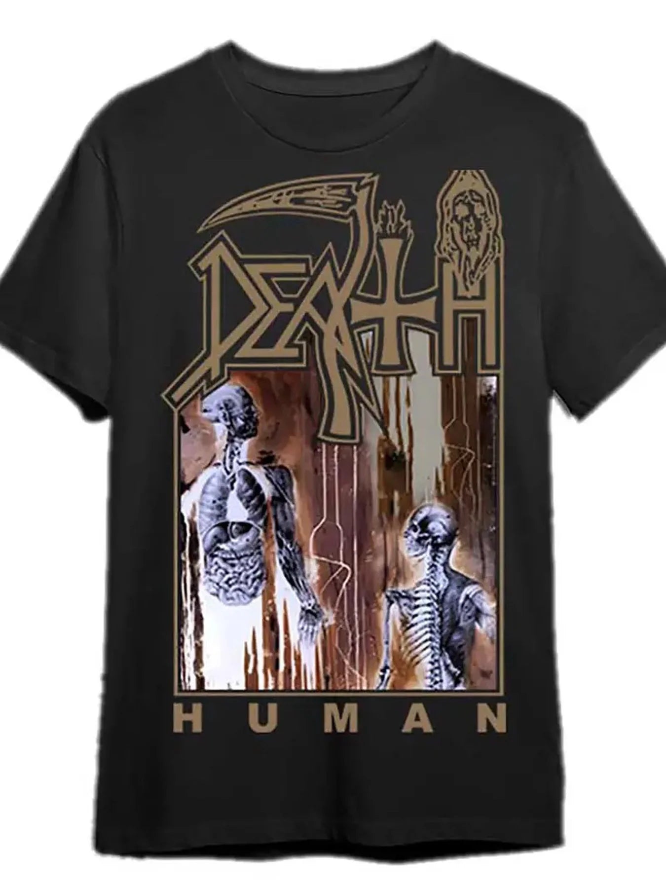 1pc Men's Vintage Gothic Death Skull & Wings Print T-Shirt - 100% Cotton Crew Neck Streetwear Tee with "DEATH HUMAN" Graphic
