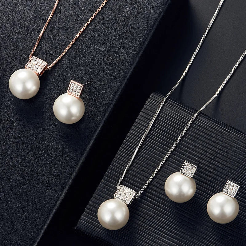 2 PCS Imitation Pearl Pendant Women Necklace Earring Stud Set Silver Color Snake Chain Square Metal Full Crystal Jewelry Set