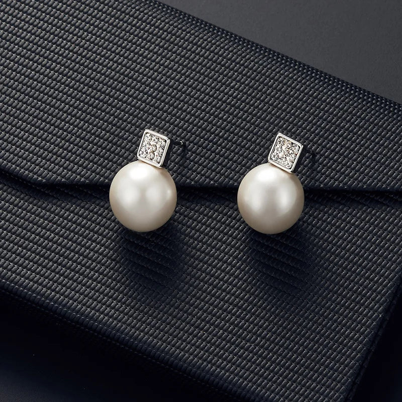 2 PCS Imitation Pearl Pendant Women Necklace Earring Stud Set Silver Color Snake Chain Square Metal Full Crystal Jewelry Set