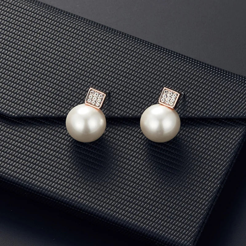 2 PCS Imitation Pearl Pendant Women Necklace Earring Stud Set Silver Color Snake Chain Square Metal Full Crystal Jewelry Set
