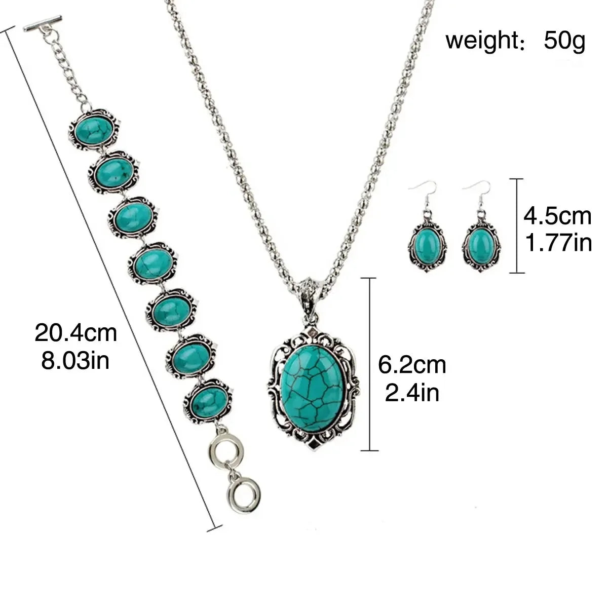 3PCS Vintage Turquoise Bracelet Necklace Earrings Set For Women Oval Stone Ancient Silver Metal Temperament Jewelr