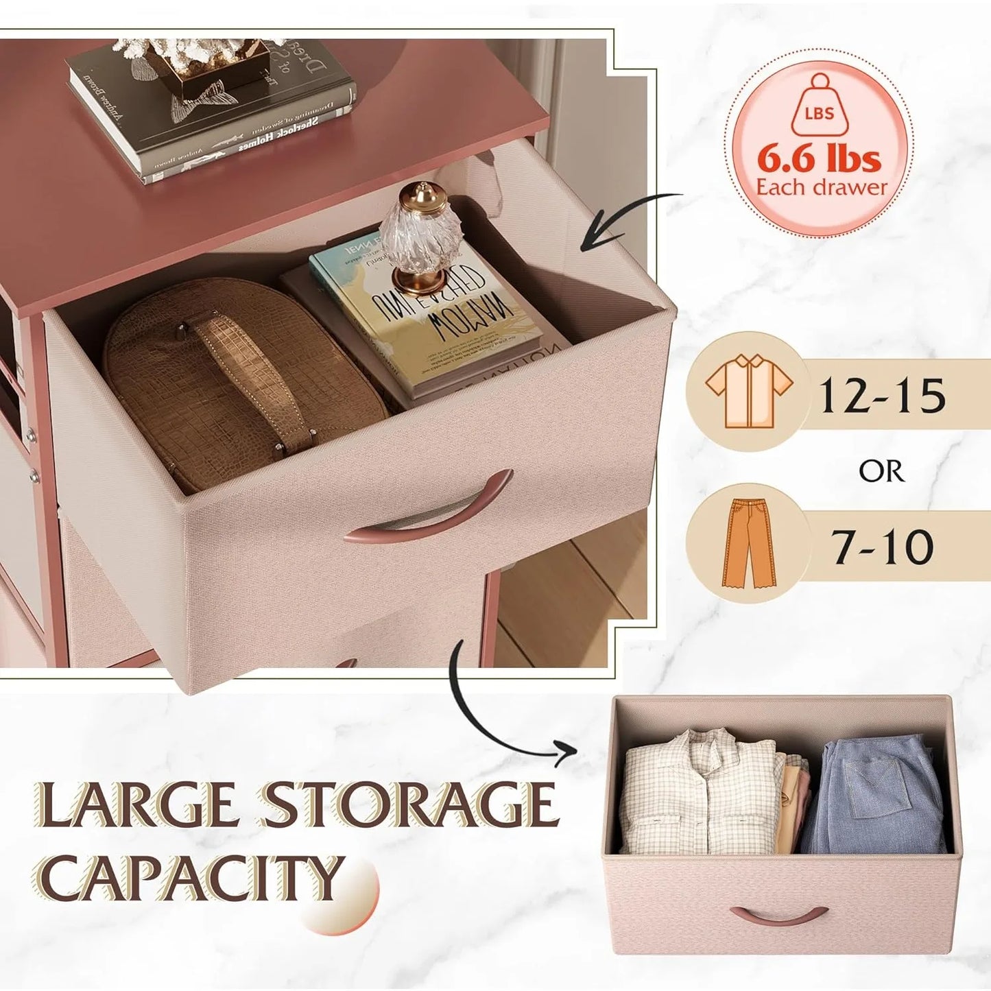 4 Drawers Dresser for Bedroom, Pink Rose Gold Fabric Clothes Storage Organizer Unit, Dresser for Hallway, Entryway,  Wood Top